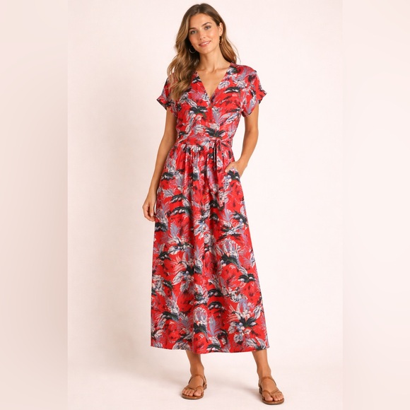 LOFT Dresses & Skirts - LOFT Orange Tropical Floral Maxi Button Up Dress with Tie Waist size 6